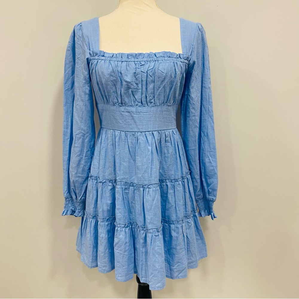 ALTAR’D State S Blue Babydoll Smocked Tiered Square Neck LS Western Mini Dress